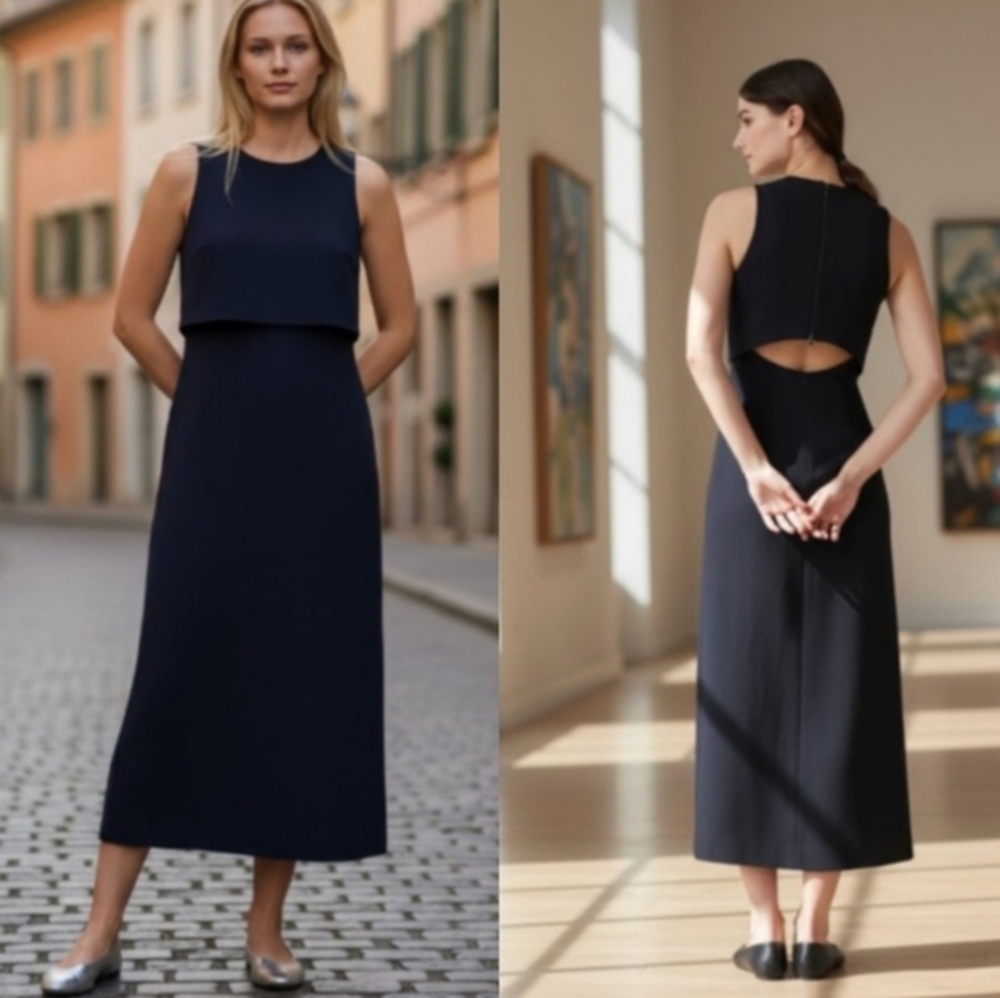 SPANX Ponte Fitted Midi Dress Classic Navy Cutout Back Sleeveless Size Large new